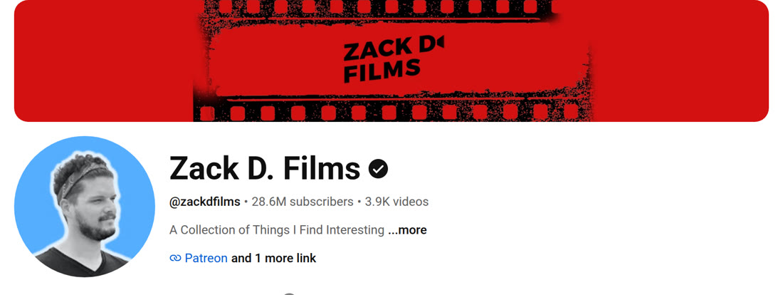 YouTube channel header of Zack D. Films